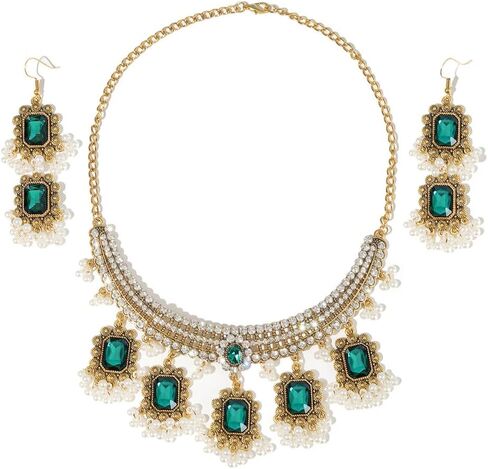 Ethnic Rectangle CZ Beaded Tassel Dangle Drop Stud Earrings Choker Necklace Set for Women Vintage Indian Traditional Fashion Antique Bollywood Jewelry for Wedding Party in Saudi Arabia