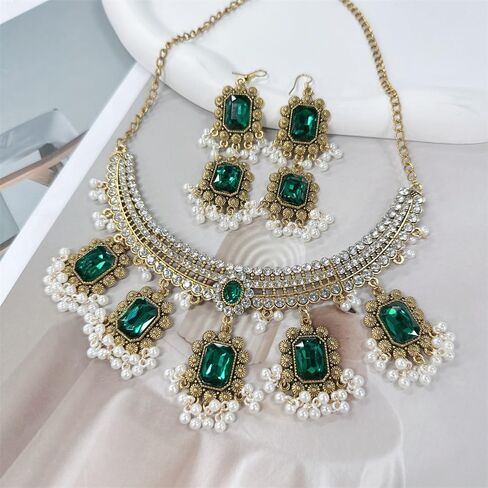 Ethnic Rectangle CZ Beaded Tassel Dangle Drop Stud Earrings Choker Necklace Set for Women Vintage Indian Traditional Fashion Antique Bollywood Jewelry for Wedding Party in Saudi Arabia