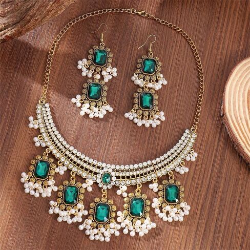 Ethnic Rectangle CZ Beaded Tassel Dangle Drop Stud Earrings Choker Necklace Set for Women Vintage Indian Traditional Fashion Antique Bollywood Jewelry for Wedding Party in Saudi Arabia