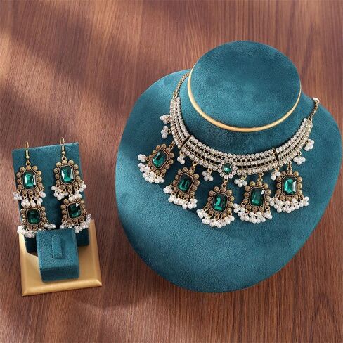 Ethnic Rectangle CZ Beaded Tassel Dangle Drop Stud Earrings Choker Necklace Set for Women Vintage Indian Traditional Fashion Antique Bollywood Jewelry for Wedding Party in Saudi Arabia