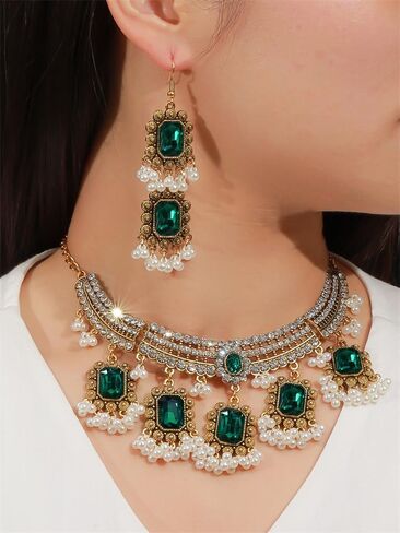 Ethnic Rectangle CZ Beaded Tassel Dangle Drop Stud Earrings Choker Necklace Set for Women Vintage Indian Traditional Fashion Antique Bollywood Jewelry for Wedding Party in Saudi Arabia