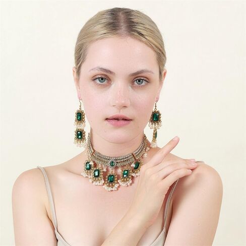 Ethnic Rectangle CZ Beaded Tassel Dangle Drop Stud Earrings Choker Necklace Set for Women Vintage Indian Traditional Fashion Antique Bollywood Jewelry for Wedding Party in Saudi Arabia