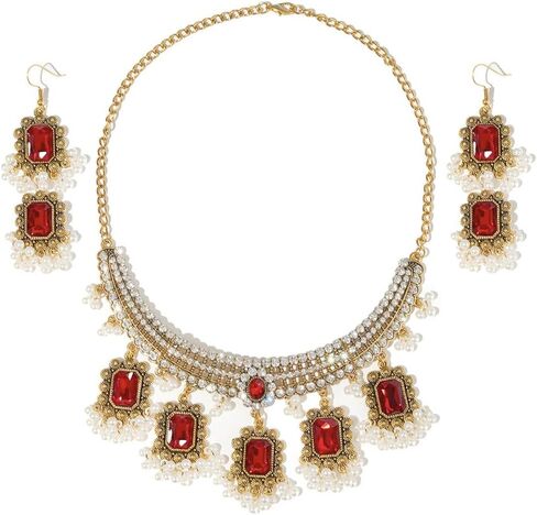 Ethnic Rectangle CZ Beaded Tassel Dangle Drop Stud Earrings Choker Necklace Set for Women Vintage Indian Traditional Fashion Antique Bollywood Jewelry for Wedding Party in Saudi Arabia