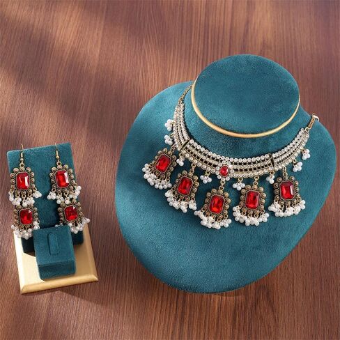 Ethnic Rectangle CZ Beaded Tassel Dangle Drop Stud Earrings Choker Necklace Set for Women Vintage Indian Traditional Fashion Antique Bollywood Jewelry for Wedding Party in Saudi Arabia