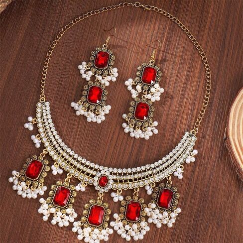 Ethnic Rectangle CZ Beaded Tassel Dangle Drop Stud Earrings Choker Necklace Set for Women Vintage Indian Traditional Fashion Antique Bollywood Jewelry for Wedding Party in Saudi Arabia