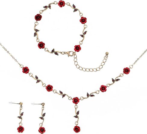 3 Pcs Red Rose Jewelry Sets for Women,Red Rose Necklace-Roses Earrings-Bracelet,Roses Jewelry for Women's Wedding, Prom, Valentine's Day, Birthday Party in Saudi Arabia