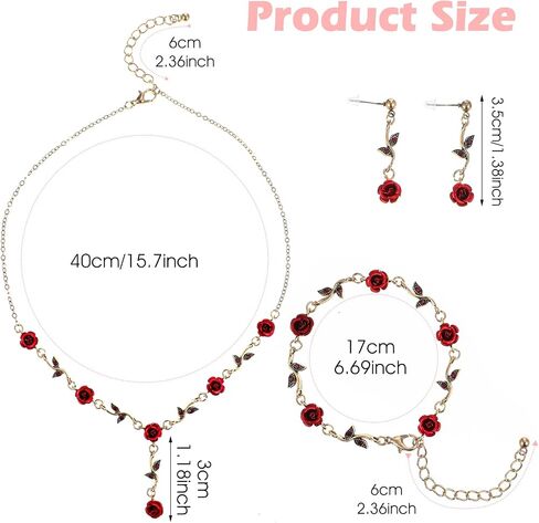 3 Pcs Red Rose Jewelry Sets for Women,Red Rose Necklace-Roses Earrings-Bracelet,Roses Jewelry for Women's Wedding, Prom, Valentine's Day, Birthday Party in Saudi Arabia