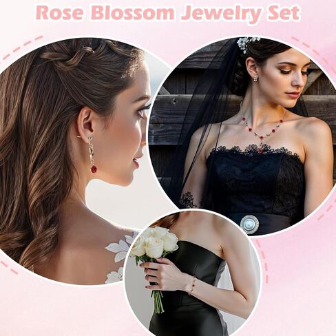 3 Pcs Red Rose Jewelry Sets for Women,Red Rose Necklace-Roses Earrings-Bracelet,Roses Jewelry for Women's Wedding, Prom, Valentine's Day, Birthday Party in Saudi Arabia