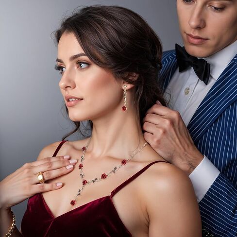 3 Pcs Red Rose Jewelry Sets for Women,Red Rose Necklace-Roses Earrings-Bracelet,Roses Jewelry for Women's Wedding, Prom, Valentine's Day, Birthday Party in Saudi Arabia