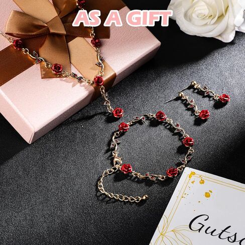 3 Pcs Red Rose Jewelry Sets for Women,Red Rose Necklace-Roses Earrings-Bracelet,Roses Jewelry for Women's Wedding, Prom, Valentine's Day, Birthday Party in Saudi Arabia