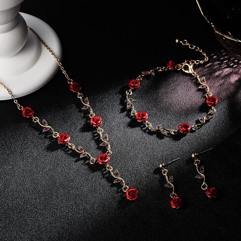 3 Pcs Red Rose Jewelry Sets for Women,Red Rose Necklace-Roses Earrings-Bracelet,Roses Jewelry for Women's Wedding, Prom, Valentine's Day, Birthday Party in Saudi Arabia