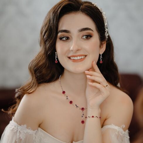 3 Pcs Red Rose Jewelry Sets for Women,Red Rose Necklace-Roses Earrings-Bracelet,Roses Jewelry for Women's Wedding, Prom, Valentine's Day, Birthday Party in Saudi Arabia