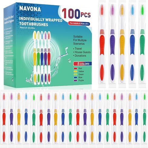 Navona 50 PCS حزمة فرشاة الأسنان بالجملة ، وفرشاة أسنان متاح بشكل فردي ، وفرشاة أسنان ناعمة للبالغين أو الأطفال ، ومقبض بيئة العمل ، وفرشاة الأسنان الخشن الناعمة ، مثالية للسفر ، والفندق ، والتبرع in Kuwait