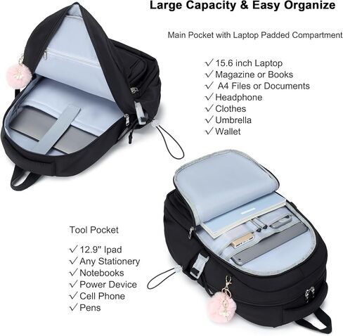 School Bag for Teens Girls,Girls Backpack Set,3 PCS Kids Backpack for Women,15.6 Inch Laptop Middle High School College Student Casual Travel Daypack with Lunch Box Pencil Pouch Set(Black) in Kuwait