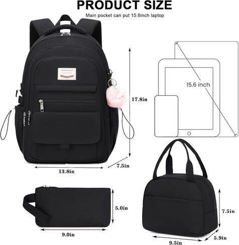 School Bag for Teens Girls,Girls Backpack Set,3 PCS Kids Backpack for Women,15.6 Inch Laptop Middle High School College Student Casual Travel Daypack with Lunch Box Pencil Pouch Set(Black) in Kuwait