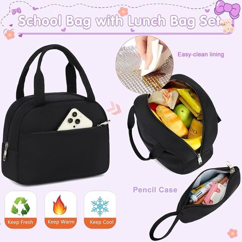 School Bag for Teens Girls,Girls Backpack Set,3 PCS Kids Backpack for Women,15.6 Inch Laptop Middle High School College Student Casual Travel Daypack with Lunch Box Pencil Pouch Set(Black) in Kuwait