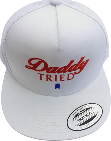 Snapback Baseball Cap, White with Red Letters, Flat Bill Mesh Back in Saudi Arabia