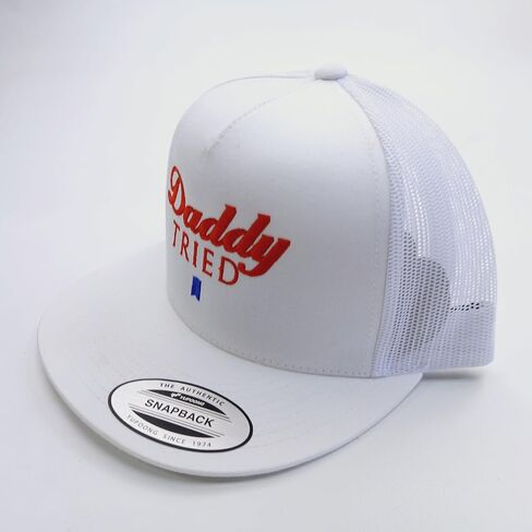 Snapback Baseball Cap, White with Red Letters, Flat Bill Mesh Back in Saudi Arabia