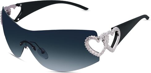 يلف y2k حول نظارات شمسية عاهرة درع عصري Silver Heart 2000s الأزياء نظارات الشمس بدون إطار للنساء الرجال in Kuwait