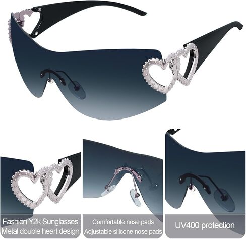 يلف y2k حول نظارات شمسية عاهرة درع عصري Silver Heart 2000s الأزياء نظارات الشمس بدون إطار للنساء الرجال in Kuwait