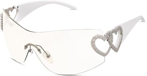 يلف y2k حول نظارات شمسية عاهرة درع عصري Silver Heart 2000s الأزياء نظارات الشمس بدون إطار للنساء الرجال in Kuwait