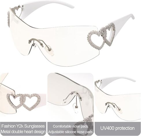 يلف y2k حول نظارات شمسية عاهرة درع عصري Silver Heart 2000s الأزياء نظارات الشمس بدون إطار للنساء الرجال in Kuwait