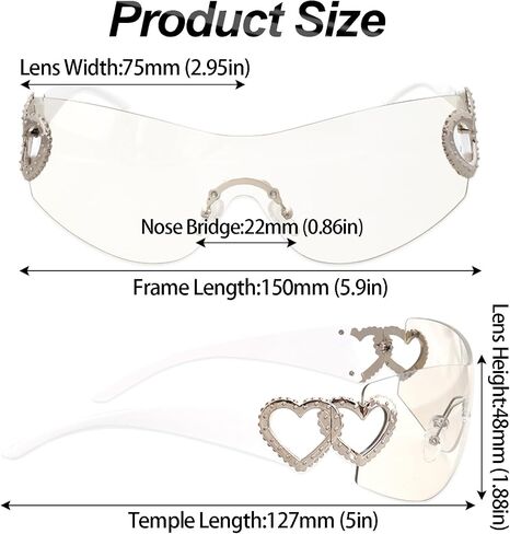 يلف y2k حول نظارات شمسية عاهرة درع عصري Silver Heart 2000s الأزياء نظارات الشمس بدون إطار للنساء الرجال in Kuwait