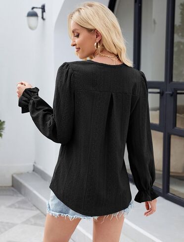 ZAFUL Womens V Neck Tops Eyelet Tunic Blouses Long Sleeve Blouse Dressy Shirts Spring Fashion Clothes Trendy Tops in Saudi Arabia