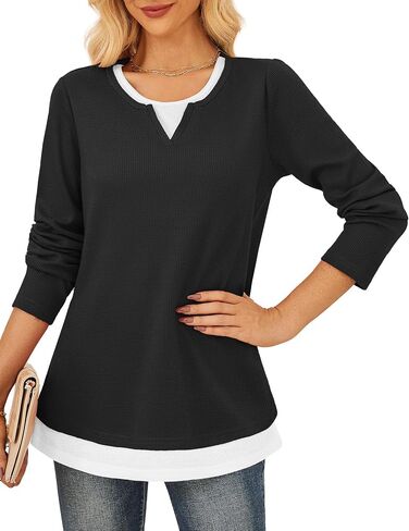 GRACE KARIN Women's Long Sleeve Waffle Knit Shirts Casual Crew Neck Color Block Tops 2025 Fall Basic Tee Blouse in Saudi Arabia