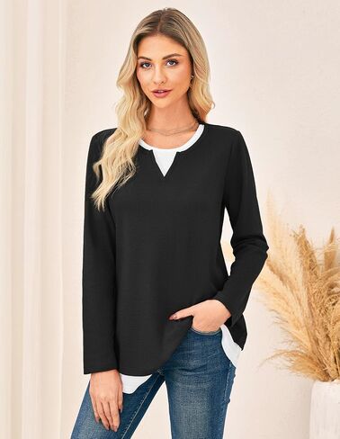 GRACE KARIN Women's Long Sleeve Waffle Knit Shirts Casual Crew Neck Color Block Tops 2025 Fall Basic Tee Blouse in Saudi Arabia