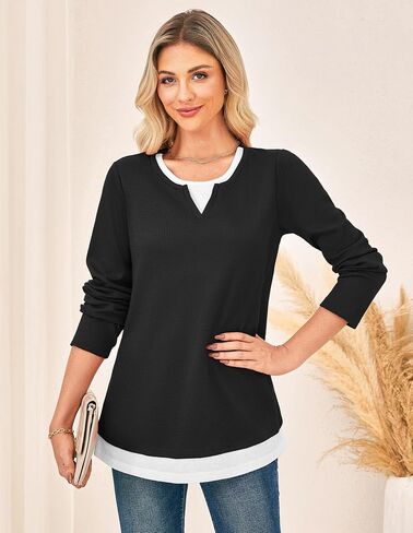 GRACE KARIN Women's Long Sleeve Waffle Knit Shirts Casual Crew Neck Color Block Tops 2025 Fall Basic Tee Blouse in Saudi Arabia