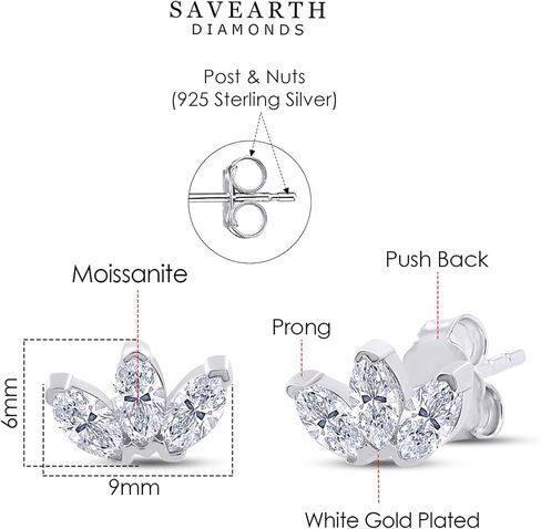 18K الذهب المطلي بالفضة الاسترليني Post Post أقراط Trinity Stud ، 0.60 قيراط (CTW) Moissanite Diamond 3-Stone Stud أقراط للنساء | هدايا المجوهرات العصرية لأقراط دفعها in Saudi Arabia