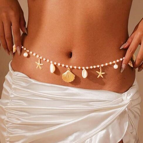الذهب الذهب المليء بالسلسلة النجمة SASHELL TASSEL BELLY سلسلة الصيف بيكيني المجوهرات الجسم للنساء in Saudi Arabia