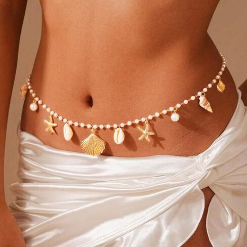 الذهب الذهب المليء بالسلسلة النجمة SASHELL TASSEL BELLY سلسلة الصيف بيكيني المجوهرات الجسم للنساء in Saudi Arabia