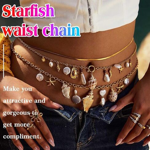 الذهب الذهب المليء بالسلسلة النجمة SASHELL TASSEL BELLY سلسلة الصيف بيكيني المجوهرات الجسم للنساء in Saudi Arabia