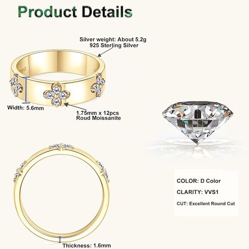 Clover Moissanite Wedding Band D Color VVS1 Clarity 925 Sterling Silver 18K Gold Plated Four Leaf Rings for Women or Men Anniversary Promise Bridal Jewelry Gifts in Saudi Arabia