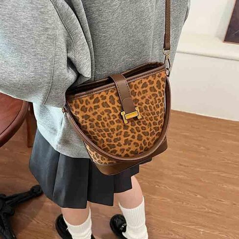 Women's retro niche leopard print crossbody bag suede bag versatile casual hand-held bucket bag in Kuwait