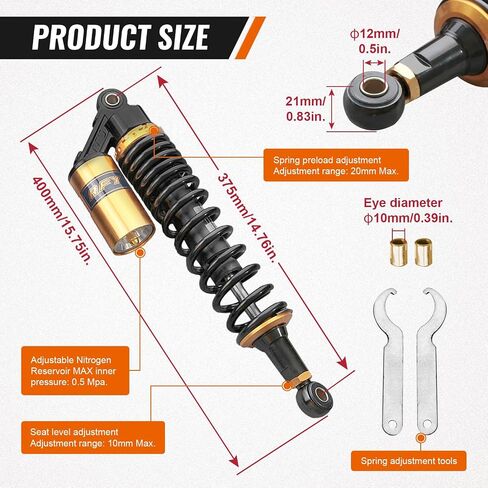 GZYF 14.75 Inch 375mm 2PCS Universal Air Shock Absorbers for HONDA for Kawasaki Dirt Bike Gokart Moped Quad Rear Suspension in Saudi Arabia