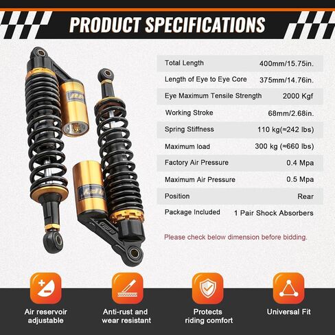 GZYF 14.75 Inch 375mm 2PCS Universal Air Shock Absorbers for HONDA for Kawasaki Dirt Bike Gokart Moped Quad Rear Suspension in Saudi Arabia