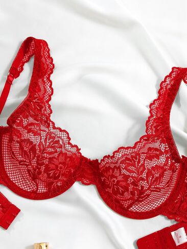 Sexy Scallop Floral Lace Mesh Sheer Underwire Lingerie Set 2 Piece in Saudi Arabia