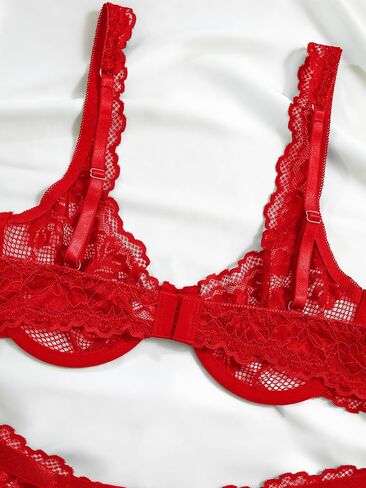 Sexy Scallop Floral Lace Mesh Sheer Underwire Lingerie Set 2 Piece in Saudi Arabia