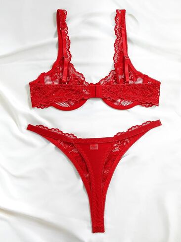 Sexy Scallop Floral Lace Mesh Sheer Underwire Lingerie Set 2 Piece in Saudi Arabia