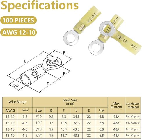 200PCS Heat Shrink Ring Connectors kit, Marine Grade Ring Terminals, Waterproof Electrical Connectors for Automotive (Incl.#10,1/4",5/16",3/8" Eyelet Connectors) in Kuwait