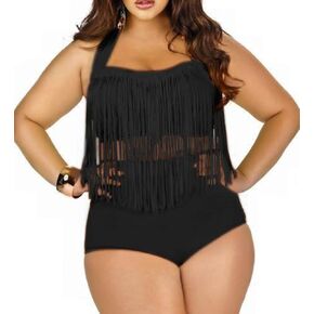 Women Plus Size Swimsuit Sets High Waist Fringe Swimwear Beachwear Solid Color Split Two Piece Swimsuit in Saudi Arabia