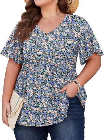 SHIJIALI Womens Plus Size Tops Flutter Sleeve Tunic Empire Waist V Neck Shirts Dressy Blouse in Saudi Arabia