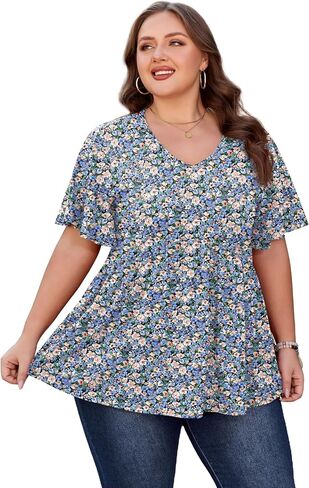 SHIJIALI Womens Plus Size Tops Flutter Sleeve Tunic Empire Waist V Neck Shirts Dressy Blouse in Saudi Arabia
