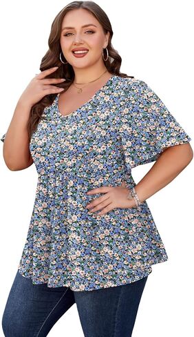 SHIJIALI Womens Plus Size Tops Flutter Sleeve Tunic Empire Waist V Neck Shirts Dressy Blouse in Saudi Arabia