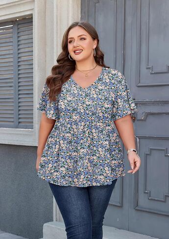 SHIJIALI Womens Plus Size Tops Flutter Sleeve Tunic Empire Waist V Neck Shirts Dressy Blouse in Saudi Arabia