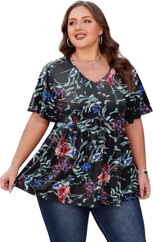 SHIJIALI Womens Plus Size Tops Flutter Sleeve Tunic Empire Waist V Neck Shirts Dressy Blouse in Saudi Arabia