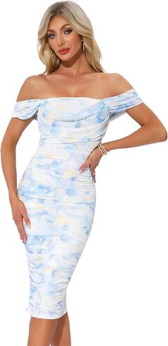 Allegra K Midi Ruched Dress for Women's Cocktail Bodycon Square Neck Printed Dresses in Saudi Arabia